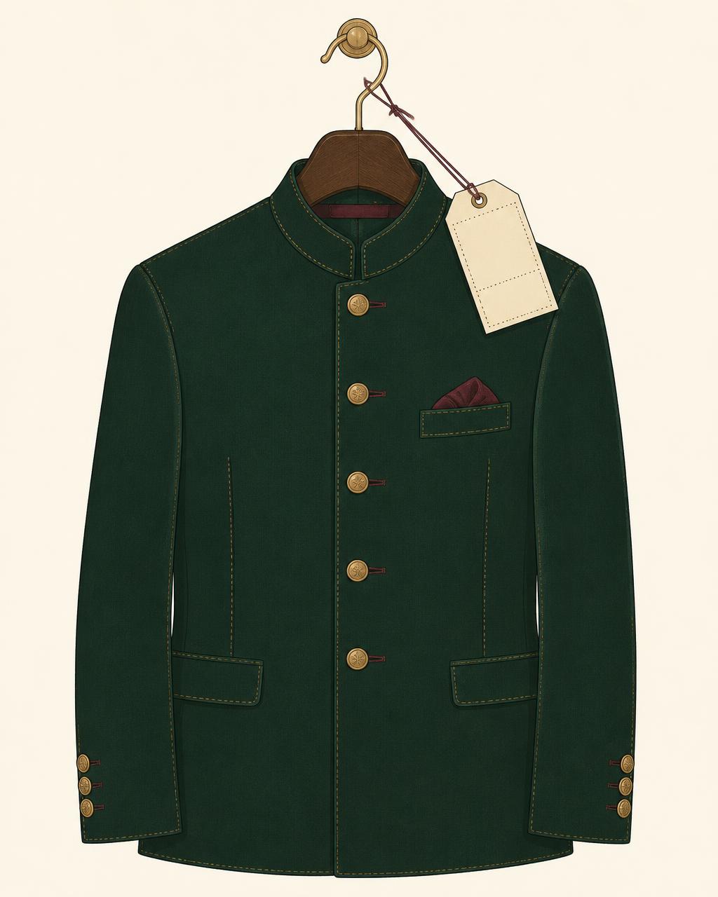 Illustration of a green tailored jacket on a hanger with a paper claim ticket